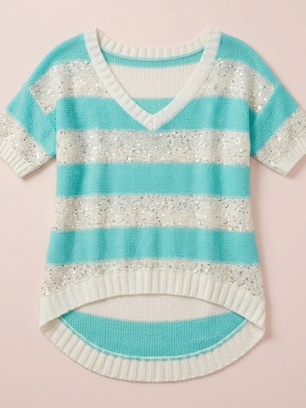 NWT Charlotte Russe Teal Striped Sequin V-Neck Knit Top